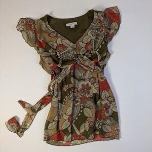 Dressbarn Floral Babydoll Blouse Tie Back Flutter Sleeves